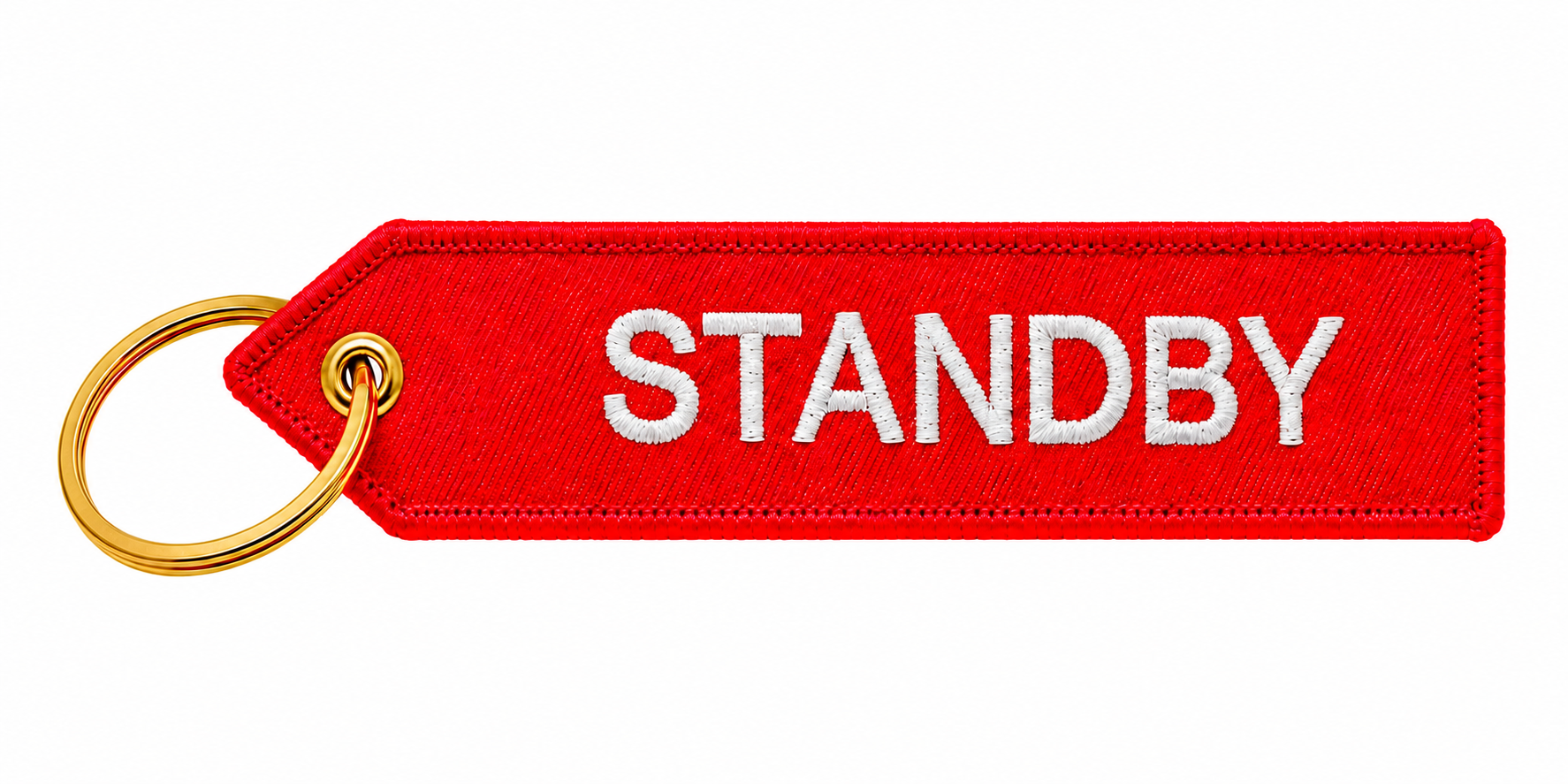 Roter „Standby“ Schlüsselanhänger mit weißer Stickerei und goldfarbenem Ring