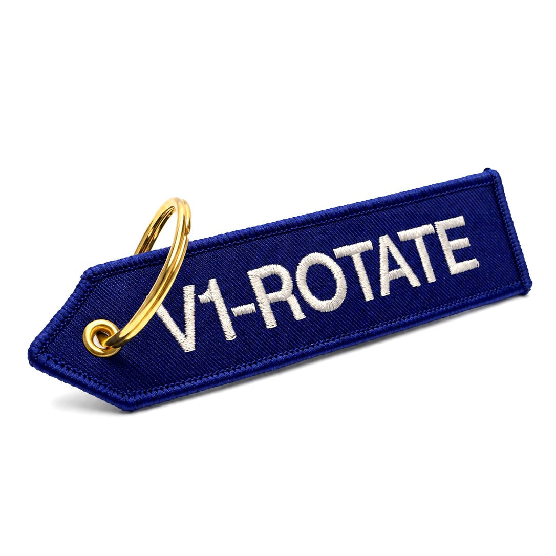 Blauer „V1 Rotate“ Schlüsselanhänger mit goldfarbenem Ring für Luftfahrt und Flugzeug Fans