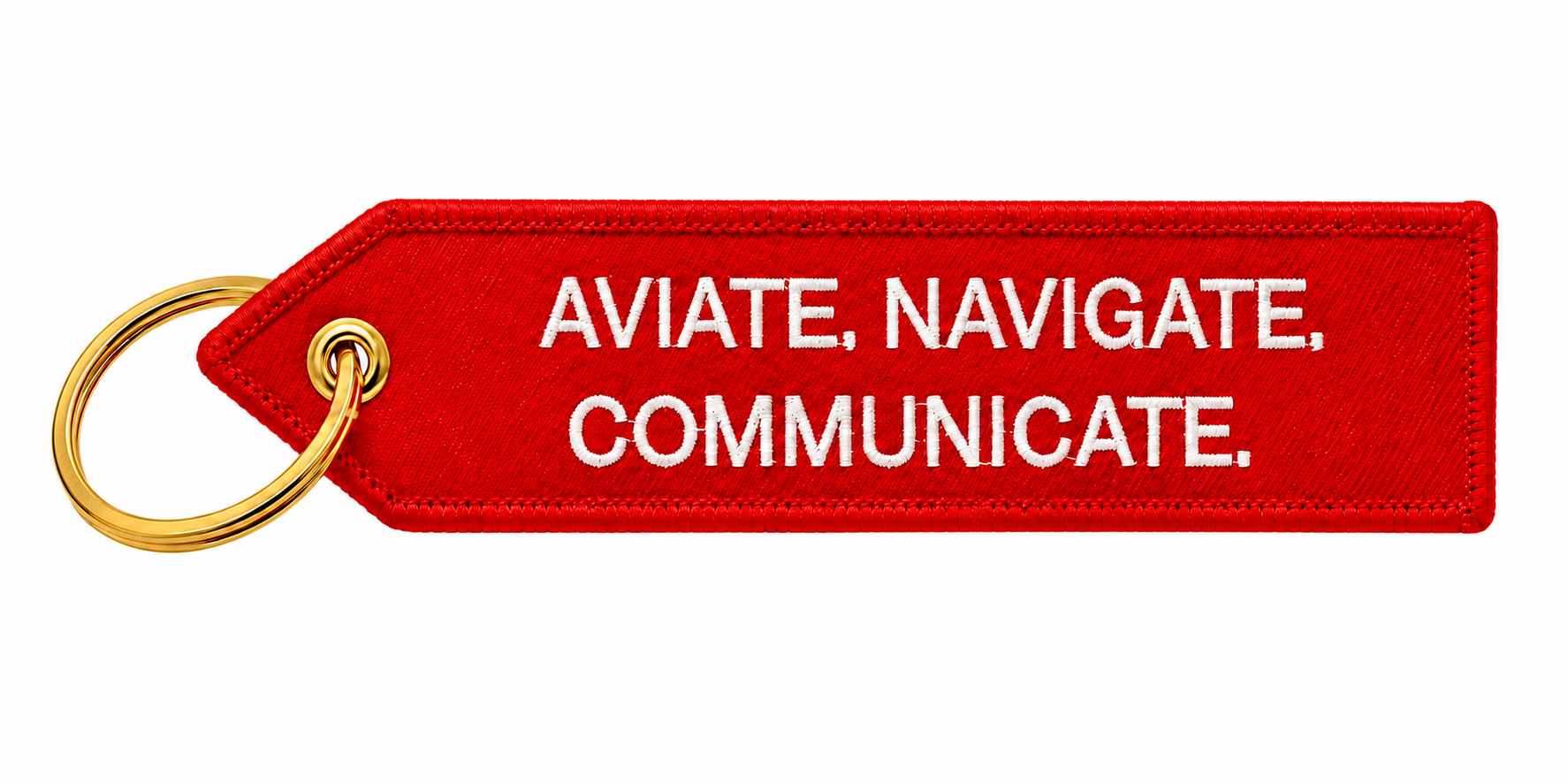 Roter "aviate. navigate. communicate." Luftfahrt Schlüsselanhänger für Schlüsselbund mit goldenem Ring
