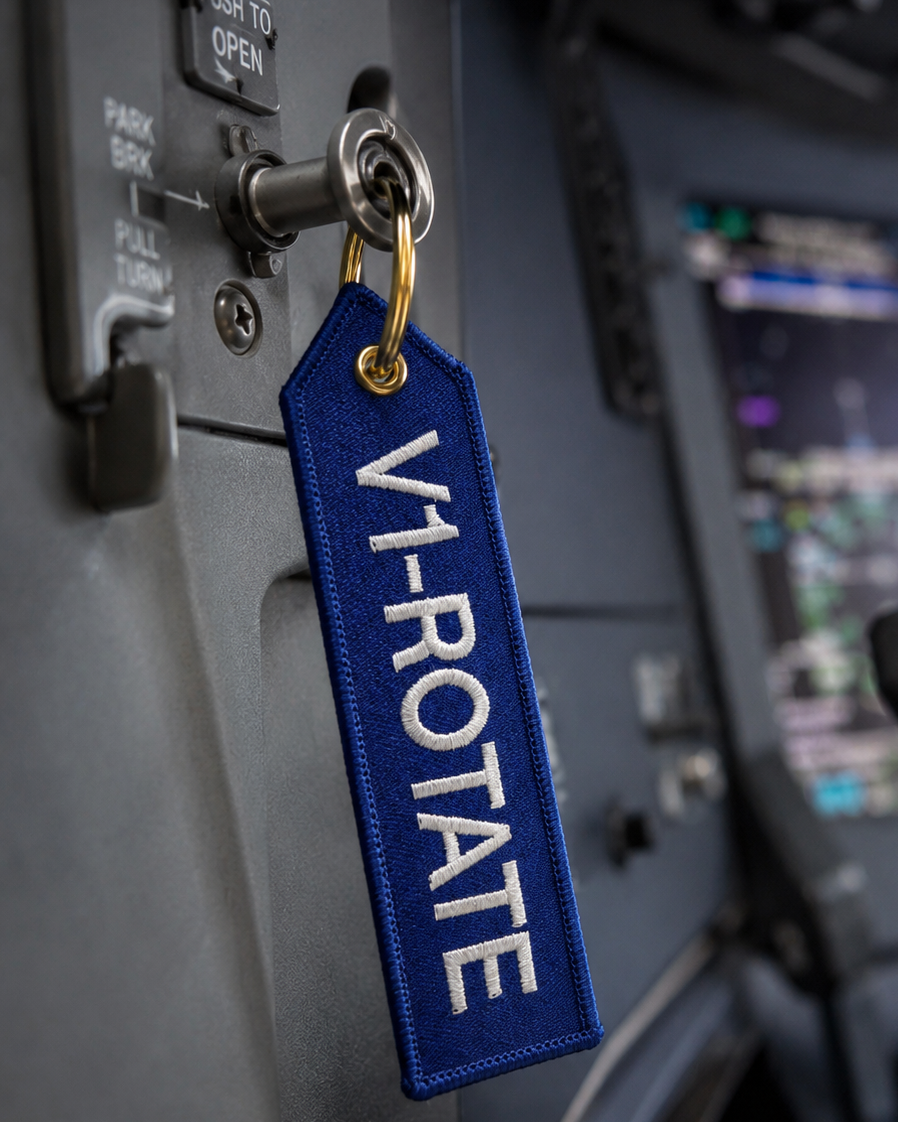 Blauer „V1 Rotate“ Schlüsselanhänger mit goldfarbenem Ring im Flugzeugcockpit