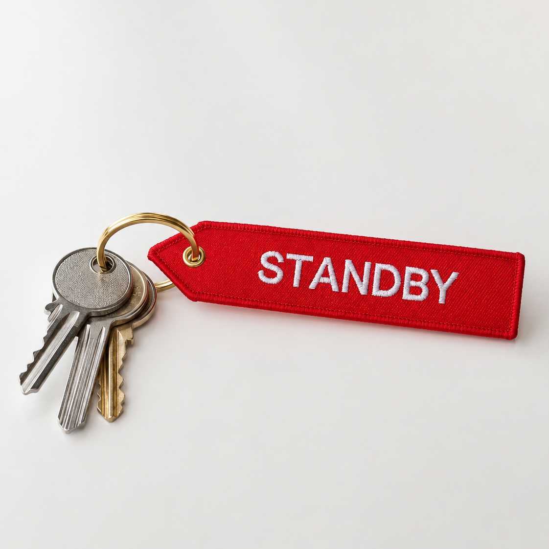 Roter „Standby“ Schlüsselanhänger mit weißer Stickerei und goldfarbenem Ring an einem Schlüsselbund