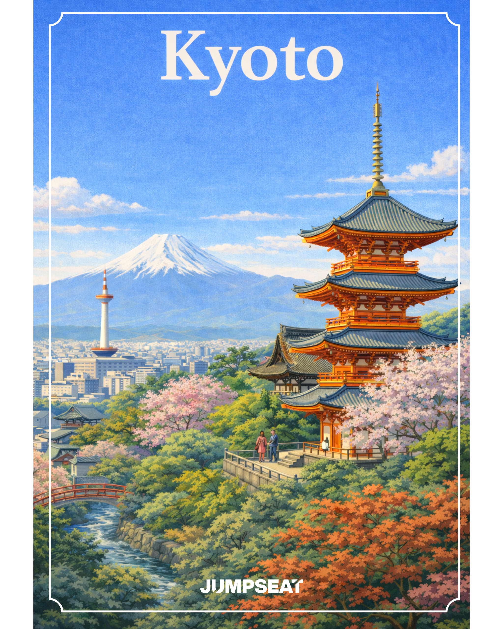 Kyoto Reise-Sticker mit Pagode, Kirschblüten und Mount Fuji