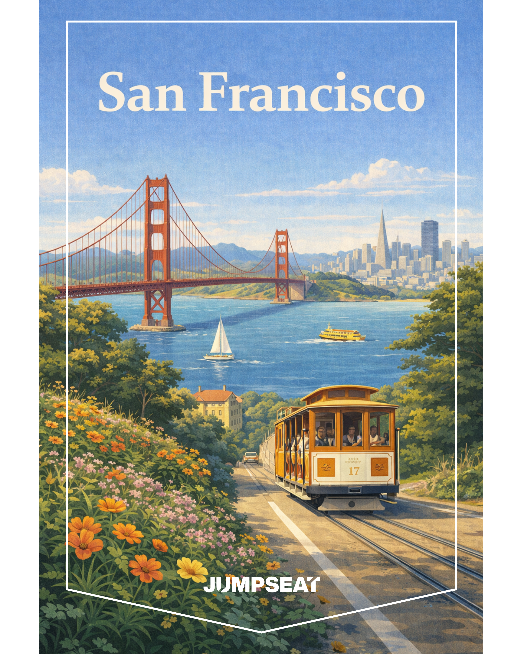 San Francisco Reise-Sticker mit Golden Gate Bridge und Bahn
