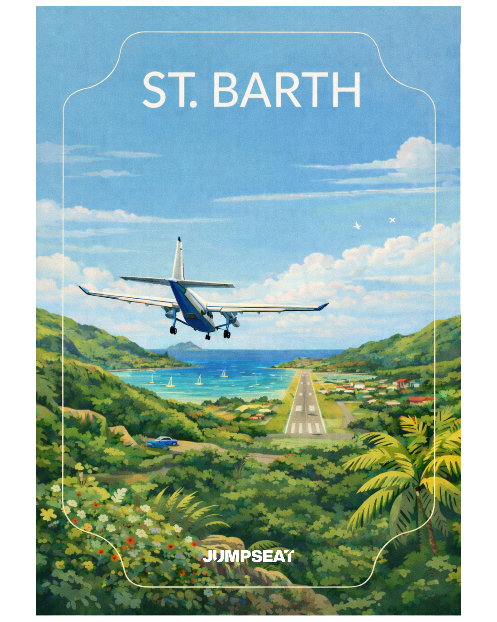 St. Barth Reise-Sticker mit Flugzeug, Landebahn, Wald und Meer