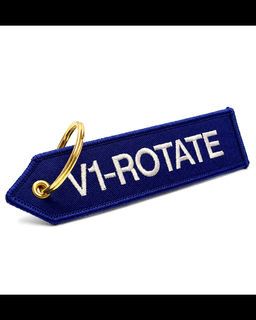 Blauer „V1 Rotate“ Schlüsselanhänger mit goldfarbenem Ring für Luftfahrt und Flugzeug Fans
