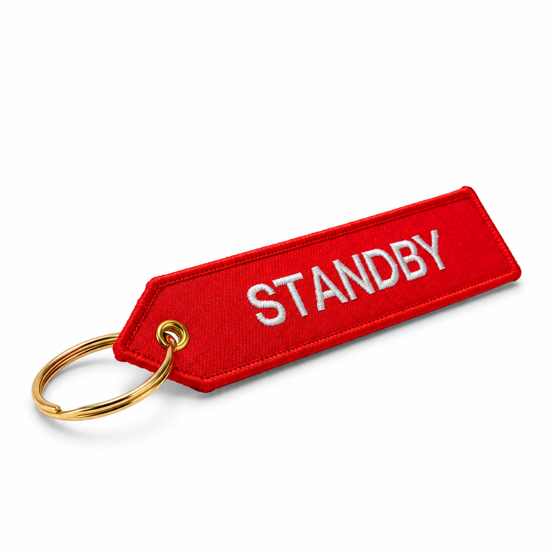 Roter „Standby“ Schlüsselanhänger mit goldfarbenem Ring für Flugzeug Fans