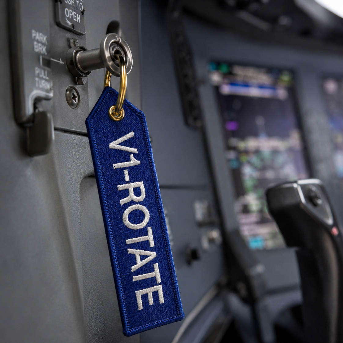 Blauer „V1 Rotate“ Schlüsselanhänger mit goldfarbenem Ring im Flugzeugcockpit
